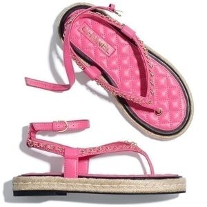 Chanel 21C Pink Lambskin Gold Chain CC Thong Espadrille Sandals Size 37
